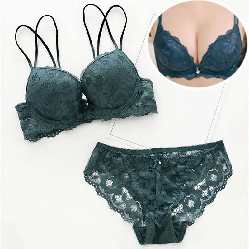 Bra Small Chest Gathered Adjustable Lace Girl Sexy Underwear - Green / 3270AB