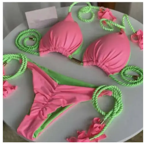 Braided Bikini Triangle Bag Swimsuit - Powder fluorescent green / L