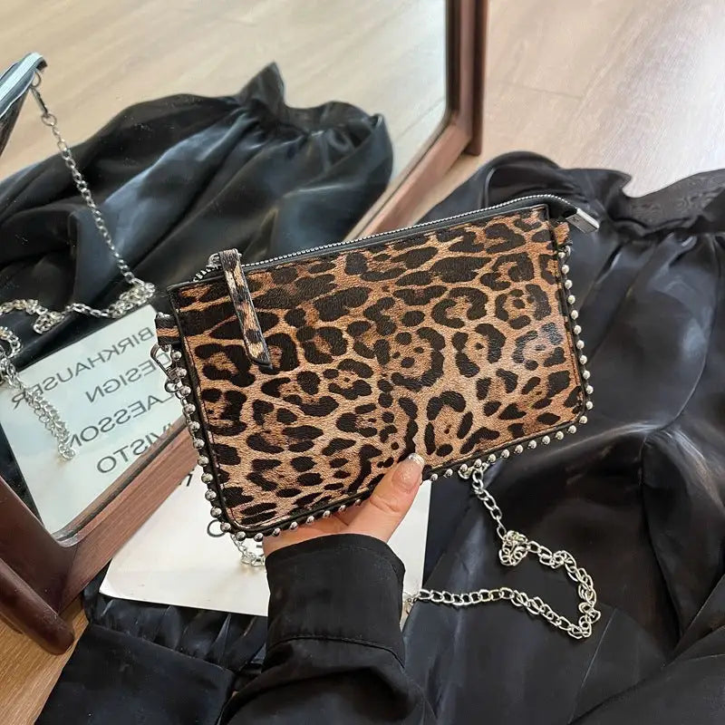 Brown and White PU Suitcase Style Square Shoulder Bag with Chain Trend Style - Dark Brown
