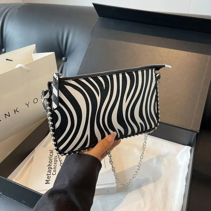 Brown and White PU Suitcase Style Square Shoulder Bag with Chain Trend Style - White