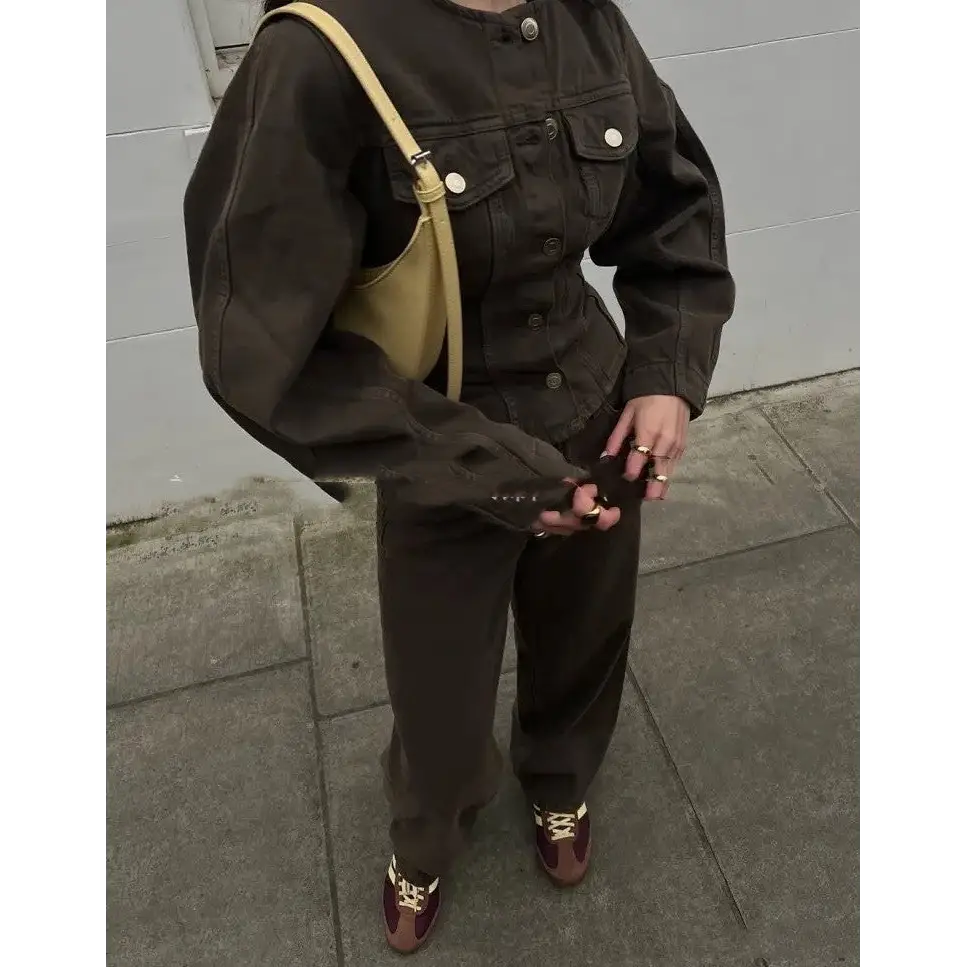 Dark brown denim jacket and pants outfit.