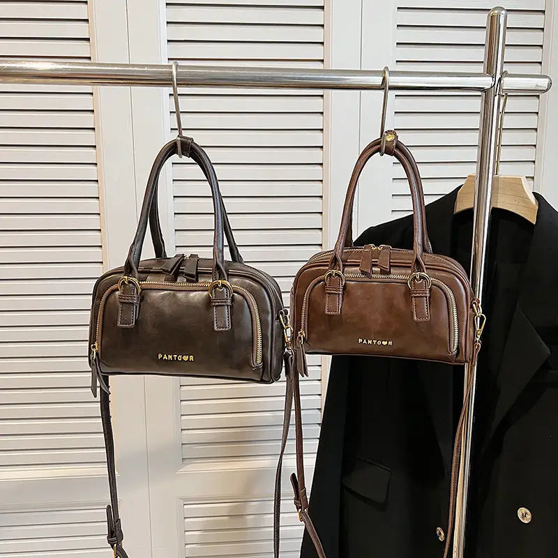 Brown Medium Soft PU Crossbody Bag Suitcase Style