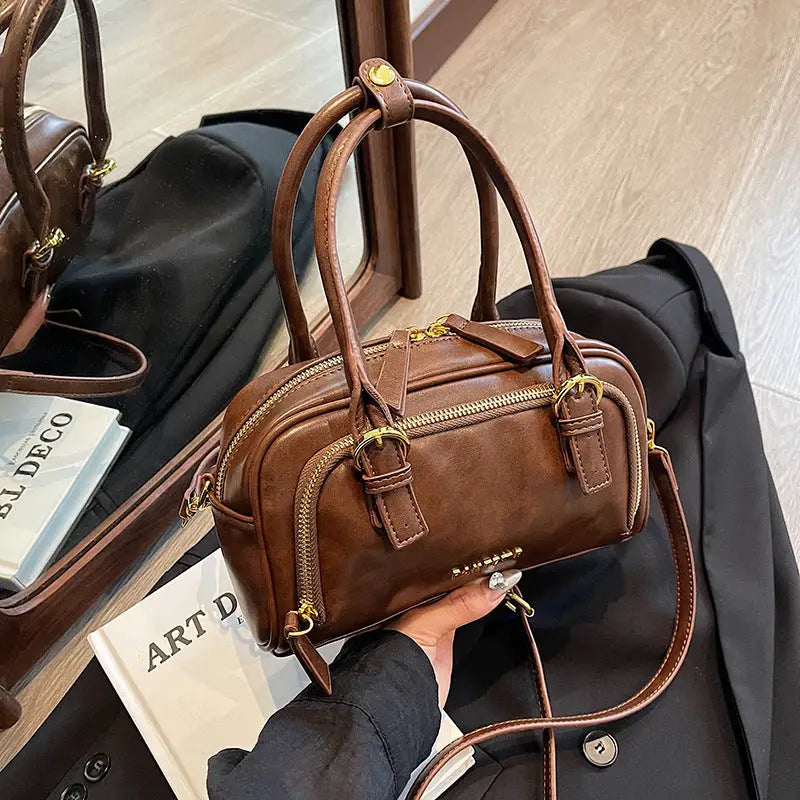 Brown Medium Soft PU Crossbody Bag Suitcase Style - Brown