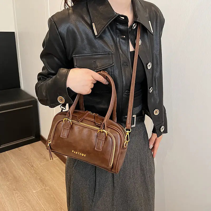 Brown Medium Soft PU Crossbody Bag Suitcase Style