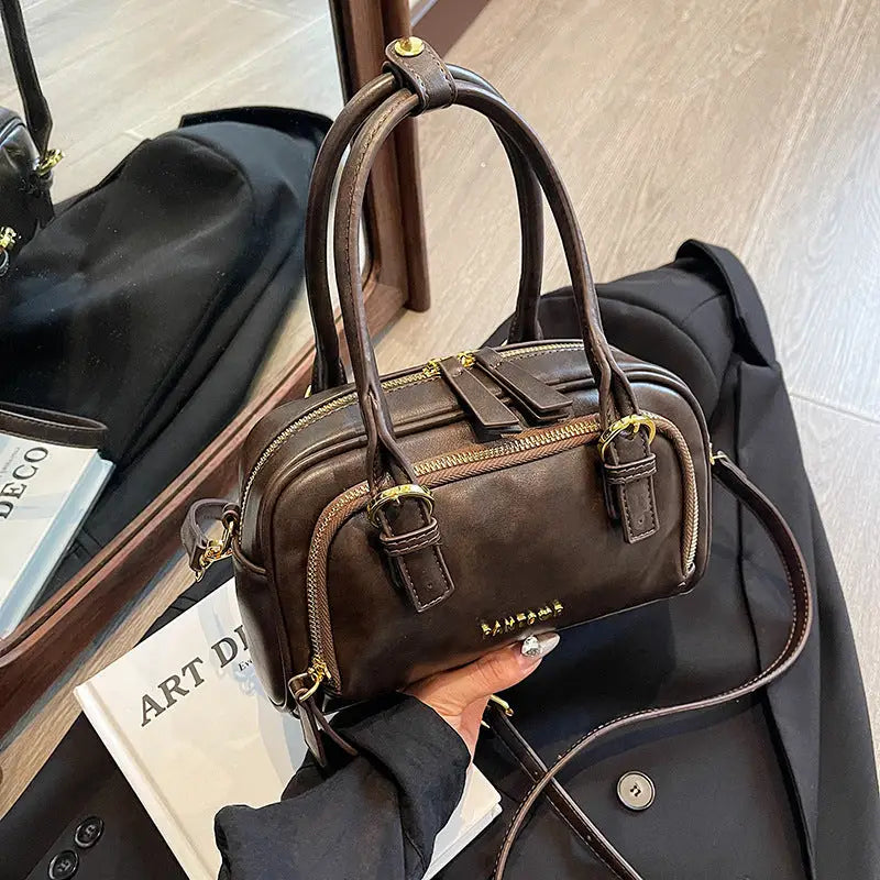 Brown Medium Soft PU Crossbody Bag Suitcase Style