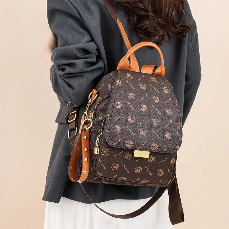 Brown PU Shoulder Bag with Letter Stitching and Multiple Pockets - Brown