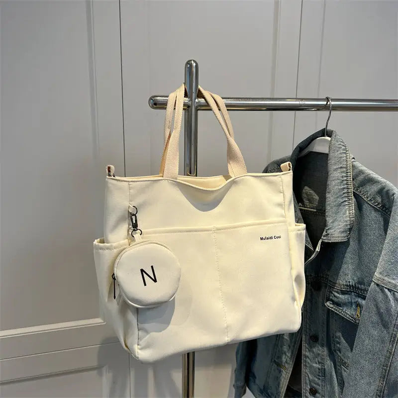 Canvas Crossbody Bag with Wallet Black White Khaki - White