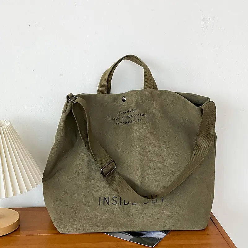 Canvas Horizontal Square Handbag with Multiple Pockets - Army Green