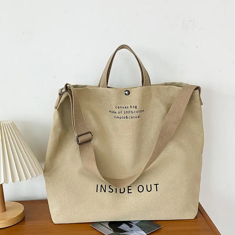 Canvas Horizontal Square Handbag with Multiple Pockets - Beige