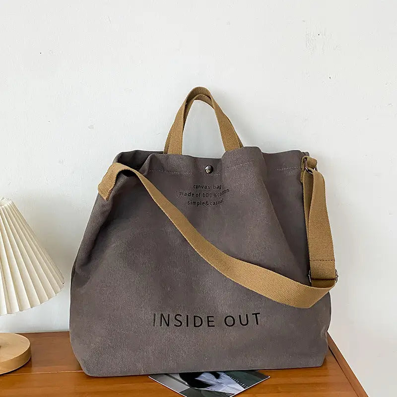 Canvas Horizontal Square Handbag with Multiple Pockets - Gray