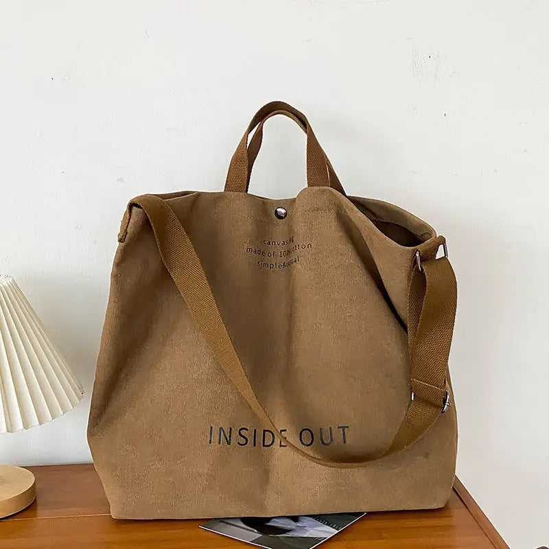 Canvas Horizontal Square Handbag with Multiple Pockets - Khaki