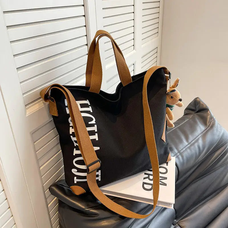 Canvas Shoulder Bag with Pendant and Ribbon Options - Black with Pendant