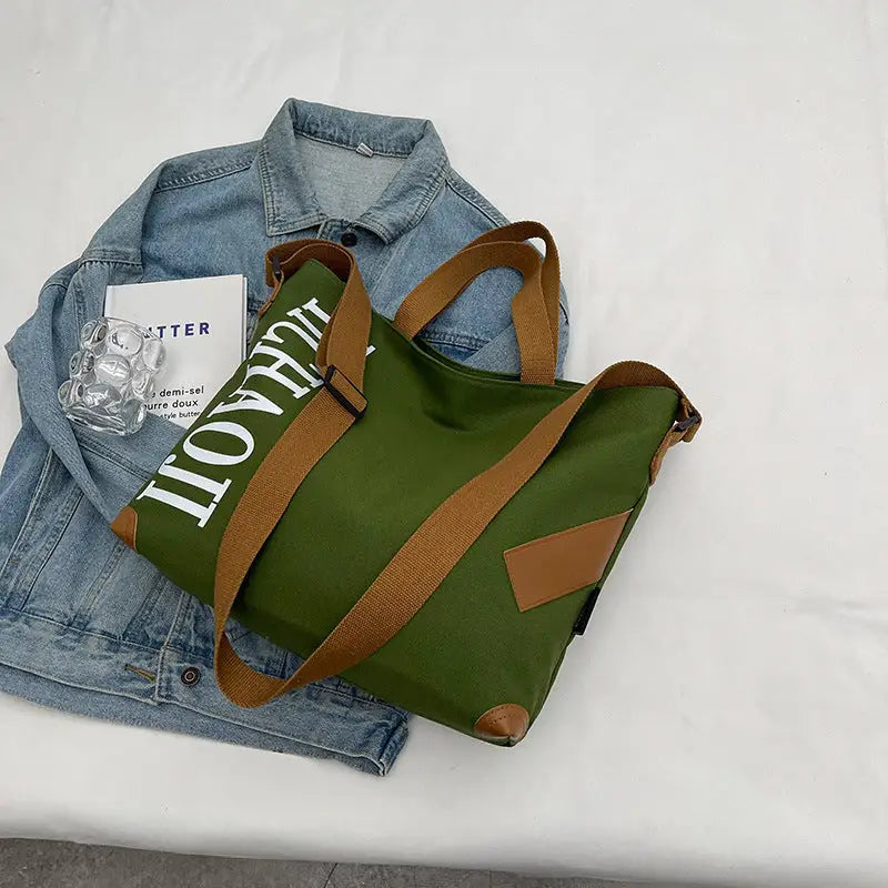 Canvas Shoulder Bag with Pendant and Ribbon Options - Green