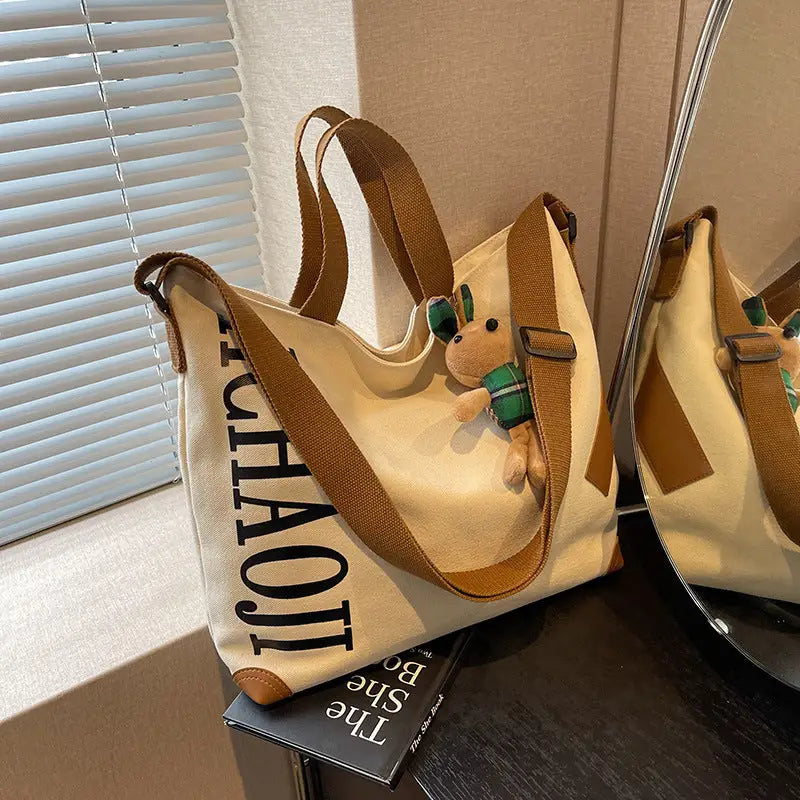 Canvas Shoulder Bag with Pendant and Ribbon Options - Khaki