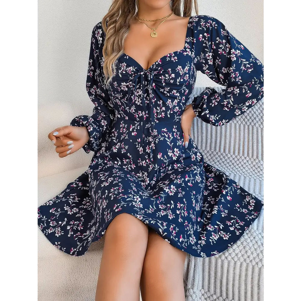 Casual Lace Up Square Collar Floral Print Long Sleeve A- Line Dress - Dark Blue / S