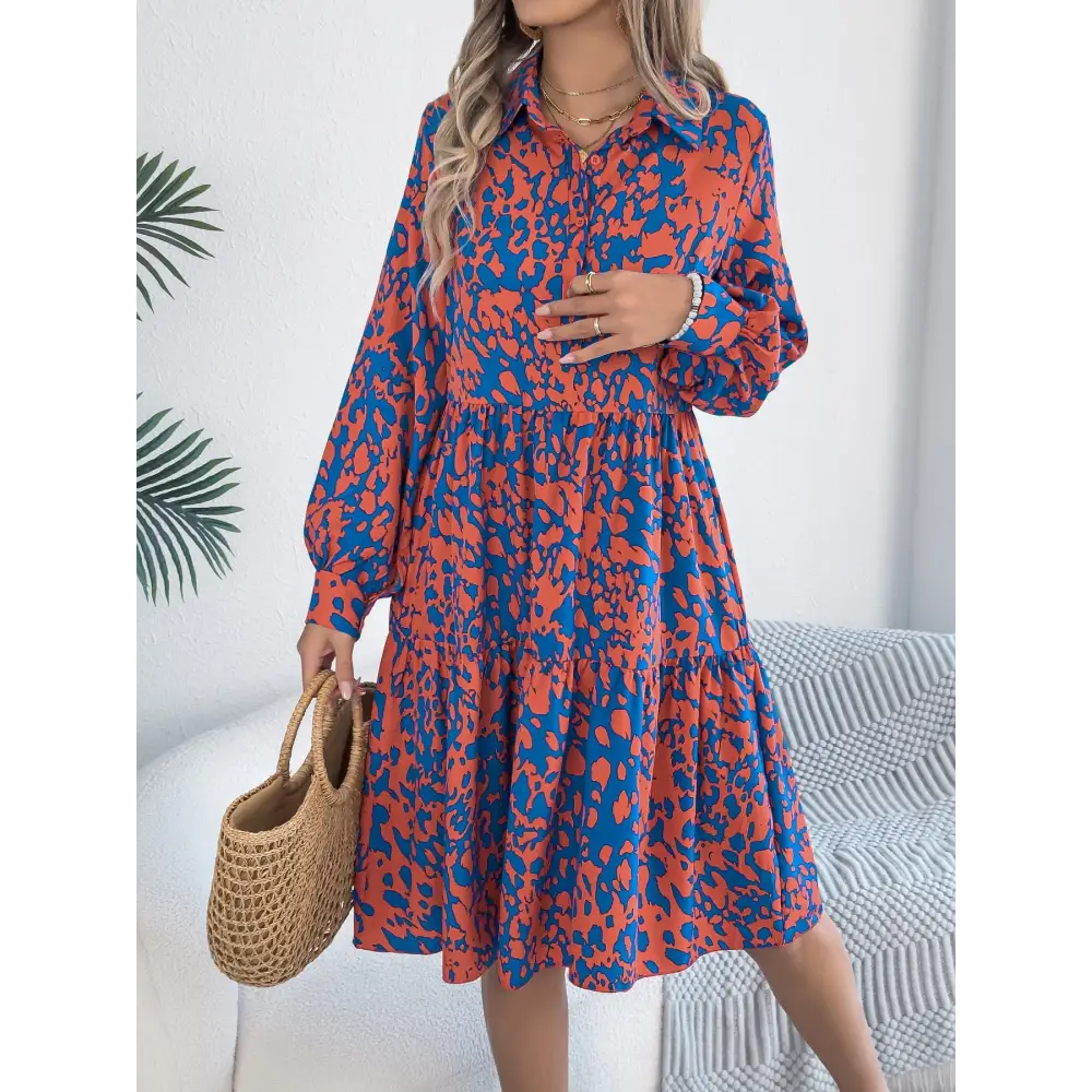 Casual Loose Contrast Color Leopard-print Long-sleeved Shirt Dress - Red / S