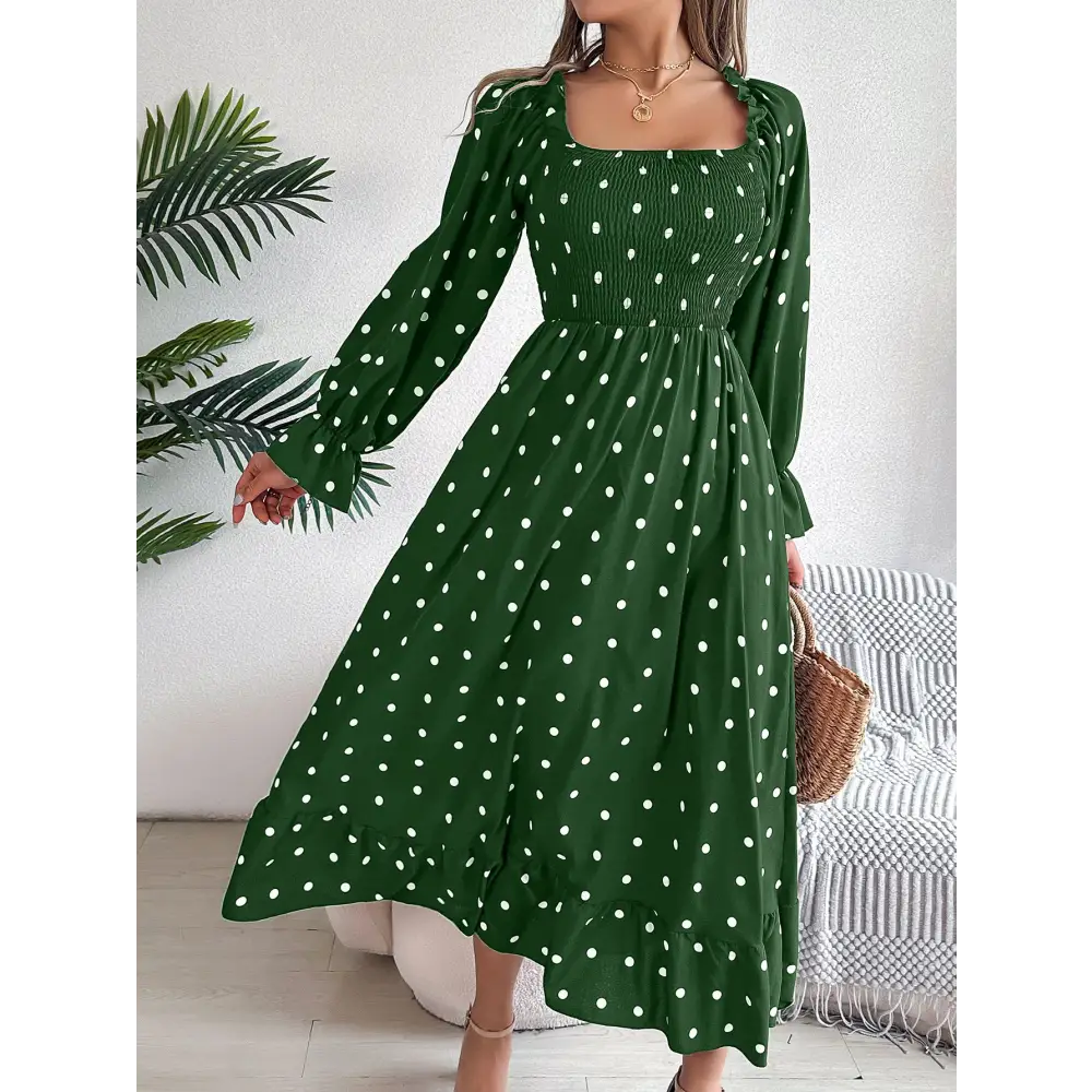 Casual Square Collar Polka Dot Swing Dress With Wooden Ears - Green / S