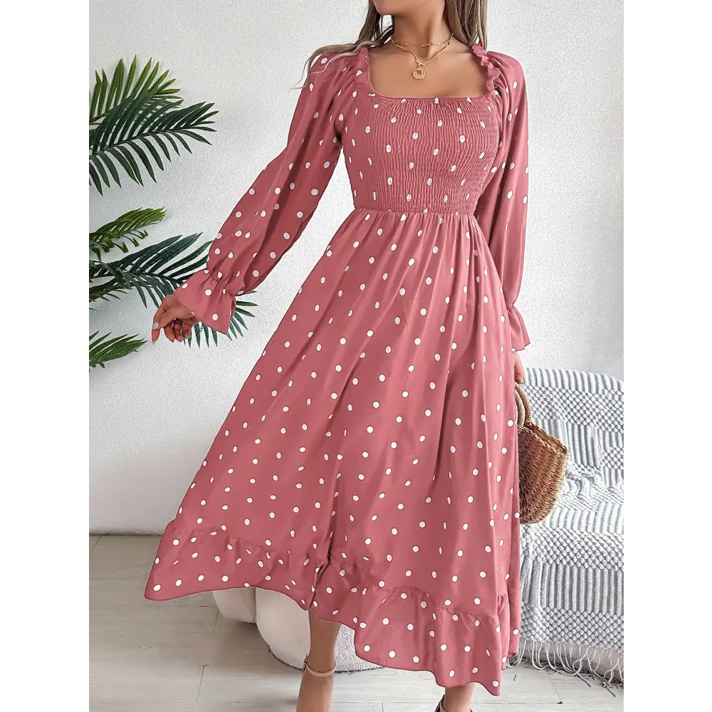 Casual Square Collar Polka Dot Swing Dress With Wooden Ears - Pink / S