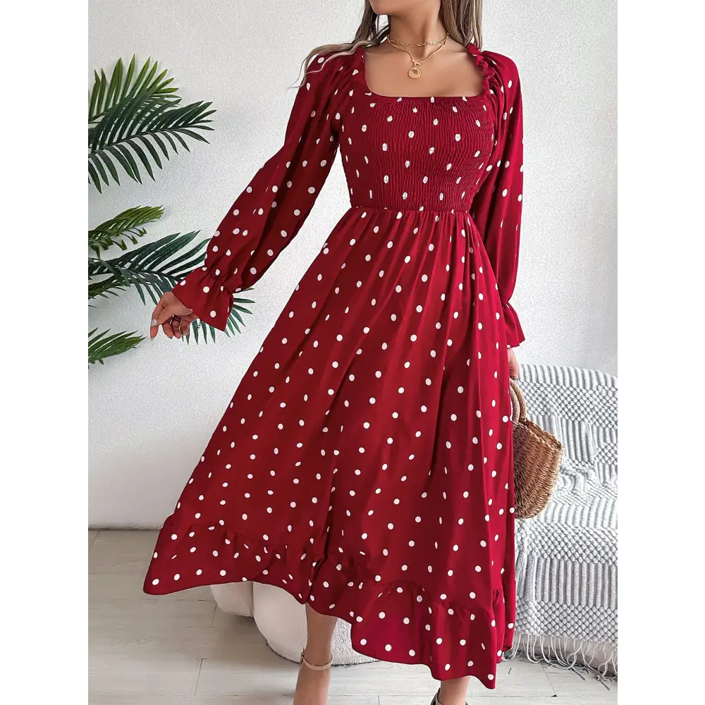 Casual Square Collar Polka Dot Swing Dress With Wooden Ears - Red / S