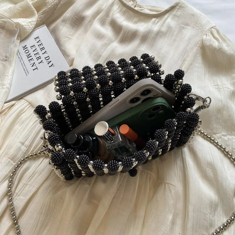 Chic Beaded Weave Pearl Bag - Black
