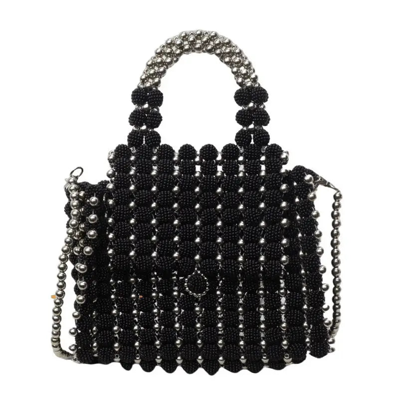 Chic Beaded Weave Pearl Bag - Black