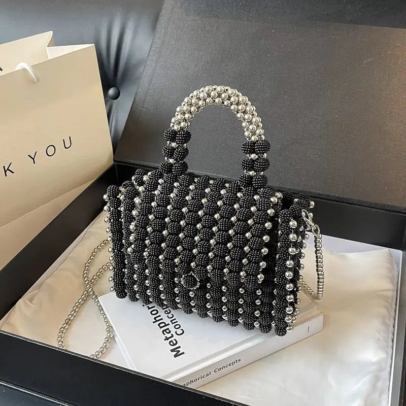 Chic Beaded Weave Pearl Bag - Black