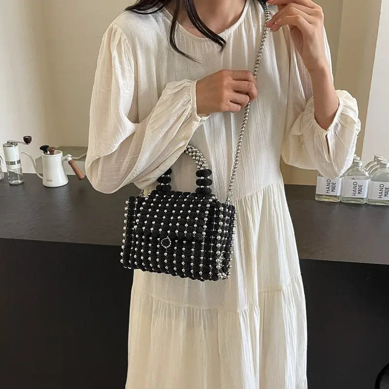 Chic Beaded Weave Pearl Bag - Black