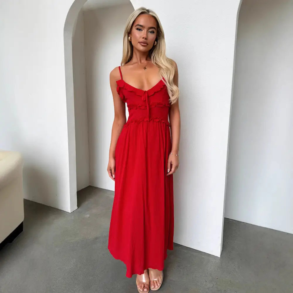 Chic Breeze: Women’s Casual Vacation Dress - Red / S
