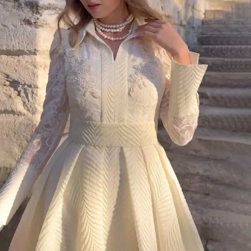 Chic French Lace Beads Long Sleeve Retro Dress