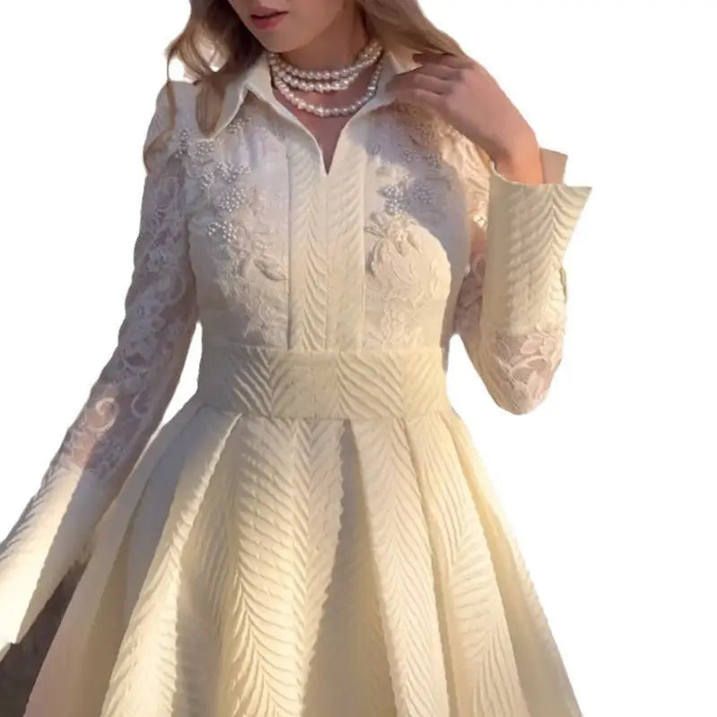 Chic French Lace Beads Long Sleeve Retro Dress