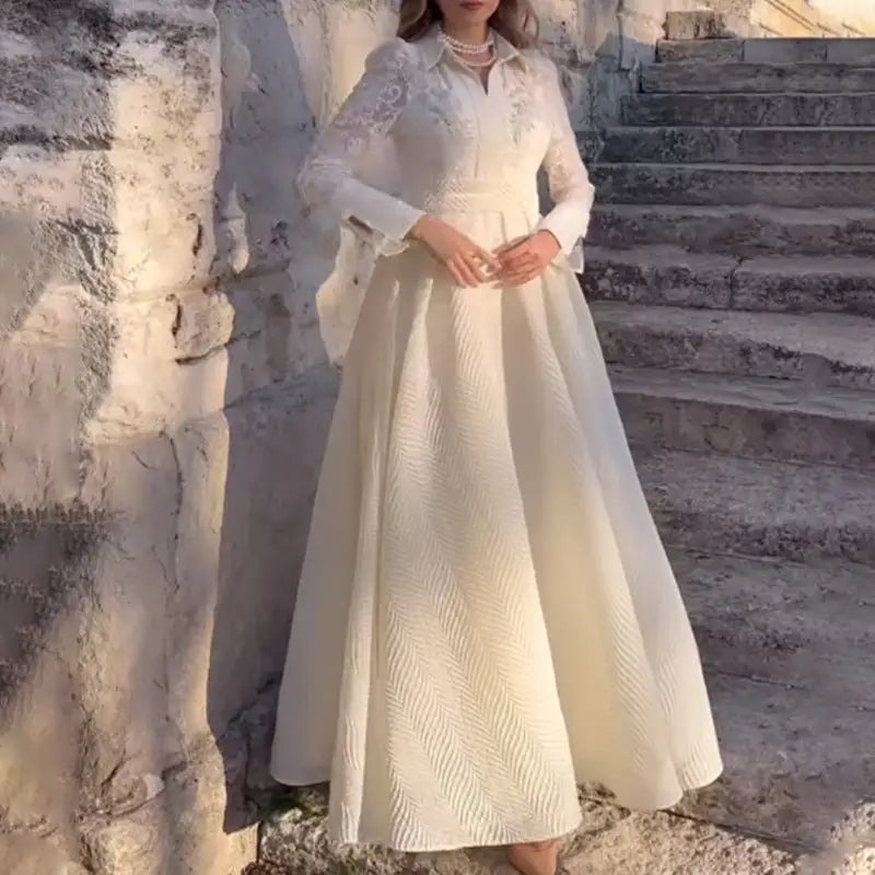 Chic French Lace Beads Long Sleeve Retro Dress - White / S