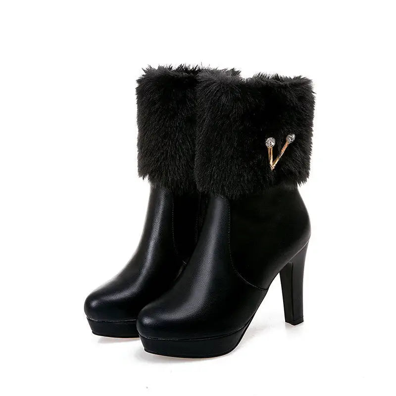 Chic Frost: Women’s Chunky Heel Winter Booties - Black / 34