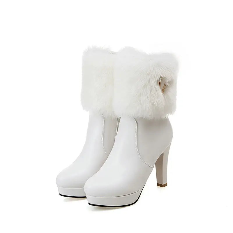 Chic Frost: Women’s Chunky Heel Winter Booties - White / 34