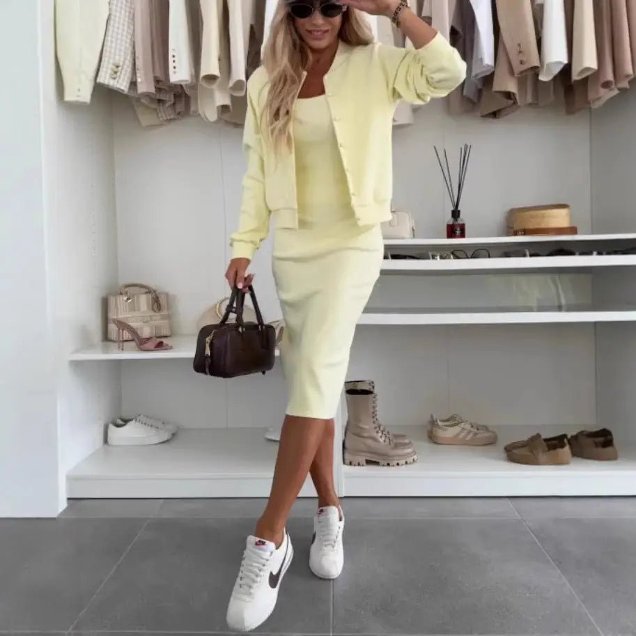 Chic Harmony 2-Piece: Dress & Cardigan Ensemble