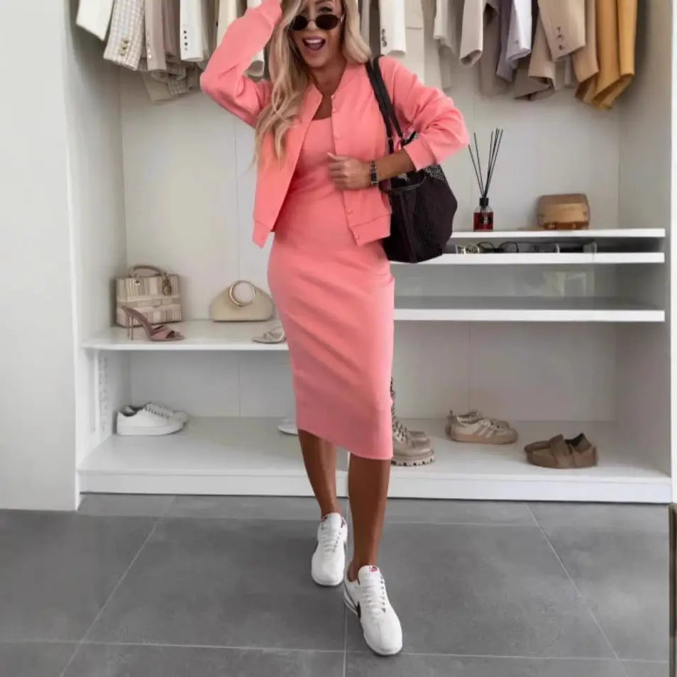 Chic Harmony 2-Piece: Dress & Cardigan Ensemble