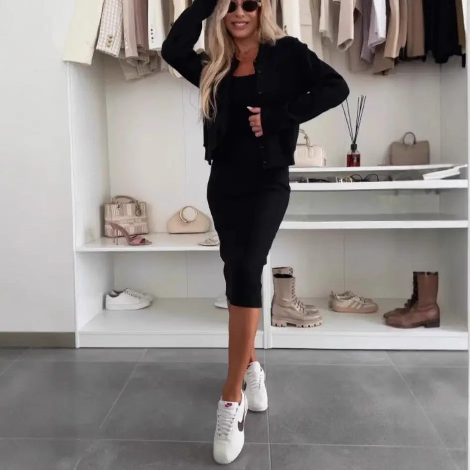 Chic Harmony 2-Piece: Dress & Cardigan Ensemble