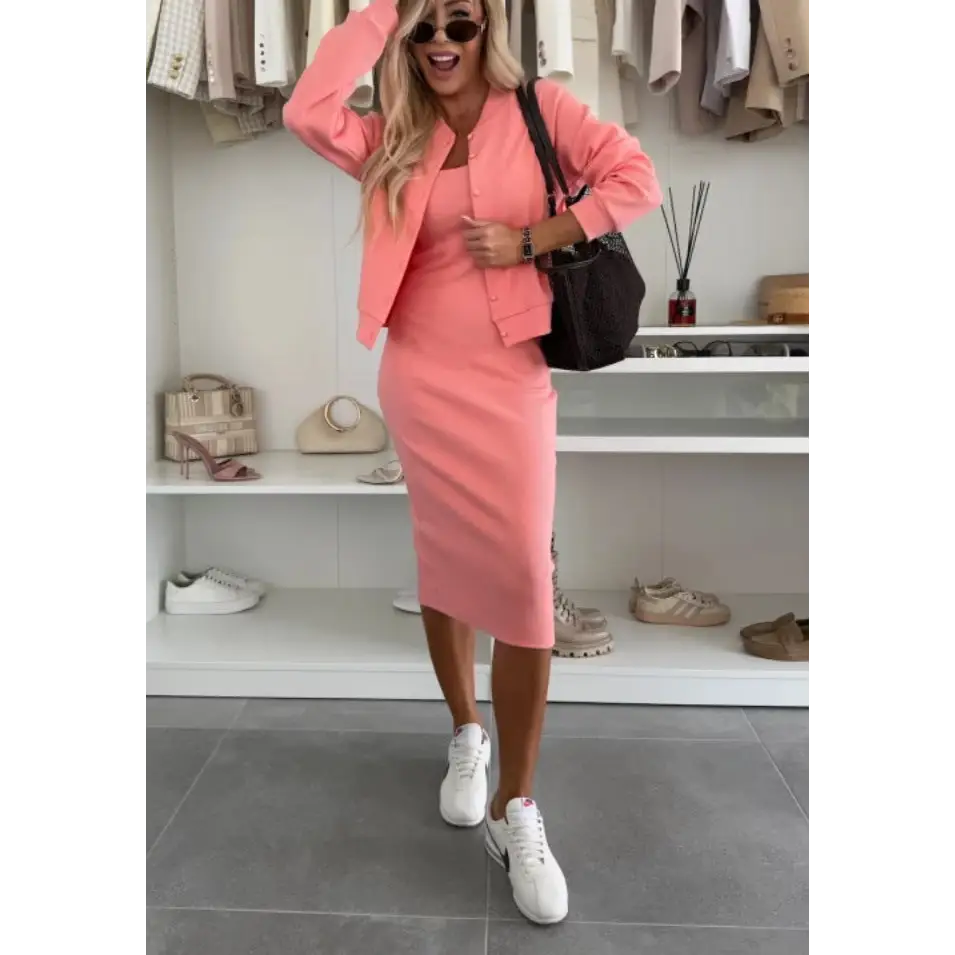 Chic Harmony 2-Piece: Dress & Cardigan Ensemble - Pink / S