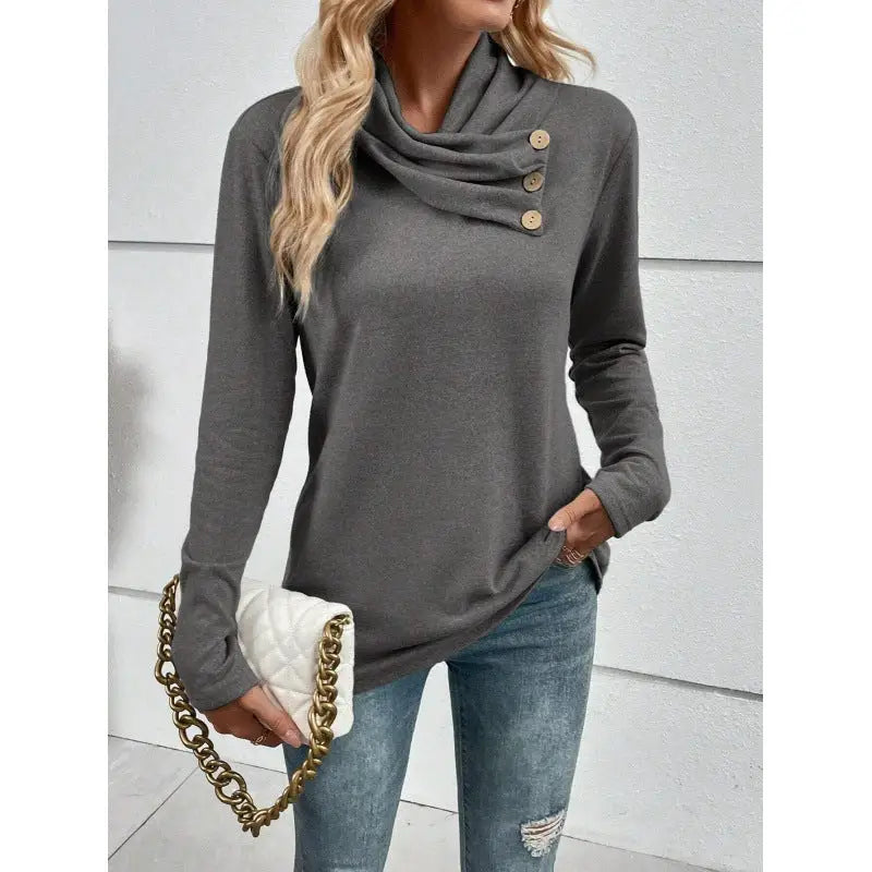 Gray cowl neck long-sleeve top.