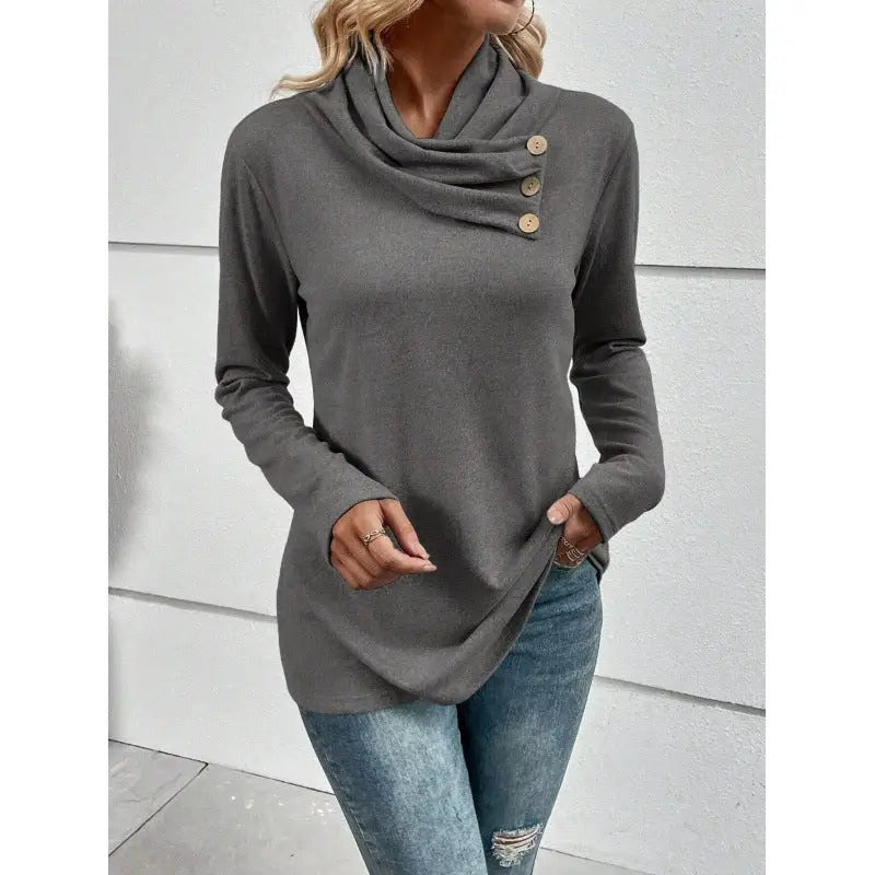 Gray cowl neck long-sleeve top.