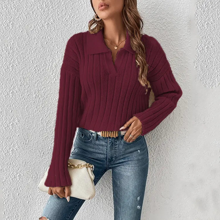 ChicEase Women’s Polo Sweater - Dark Red / S