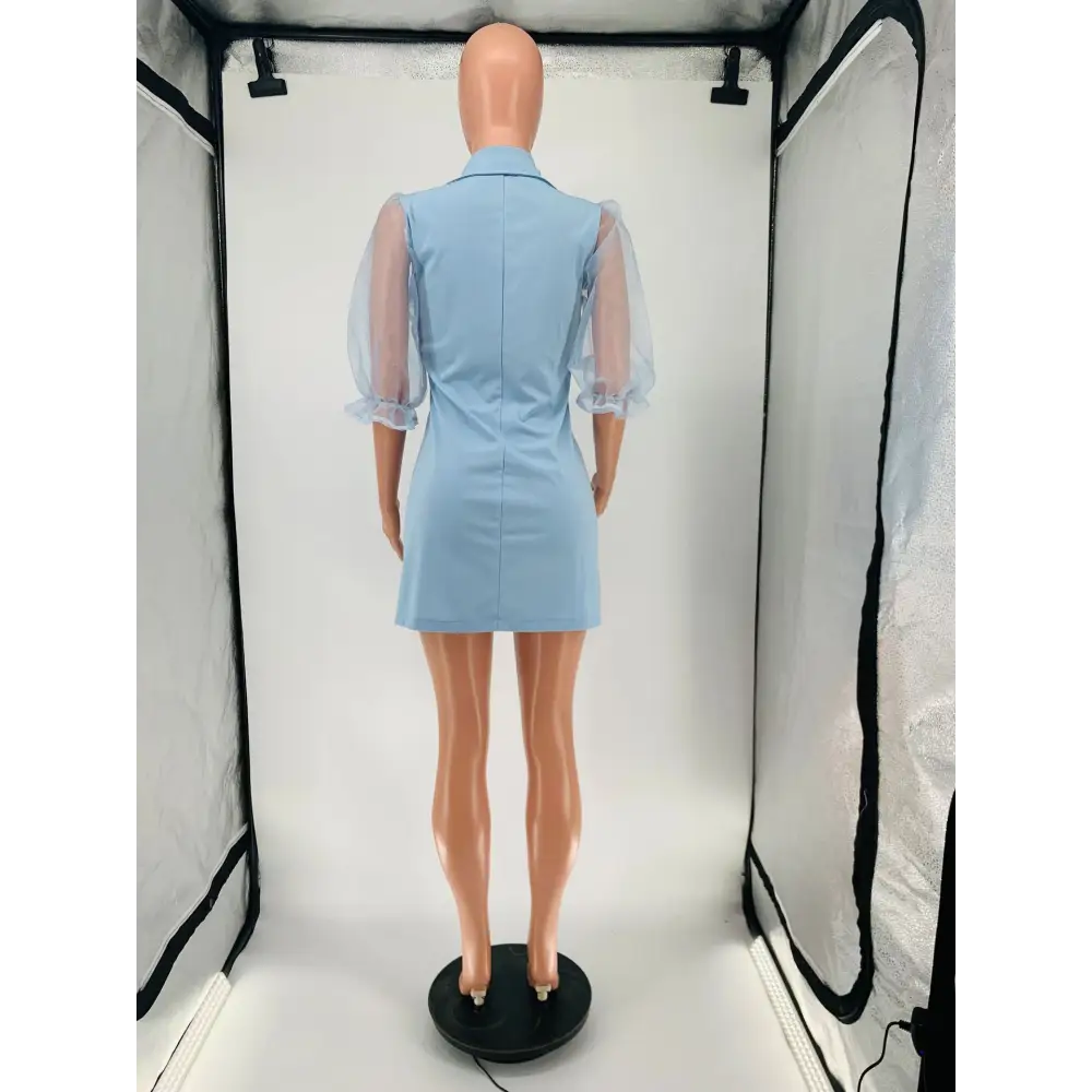 Light blue dress with sheer sleeves.