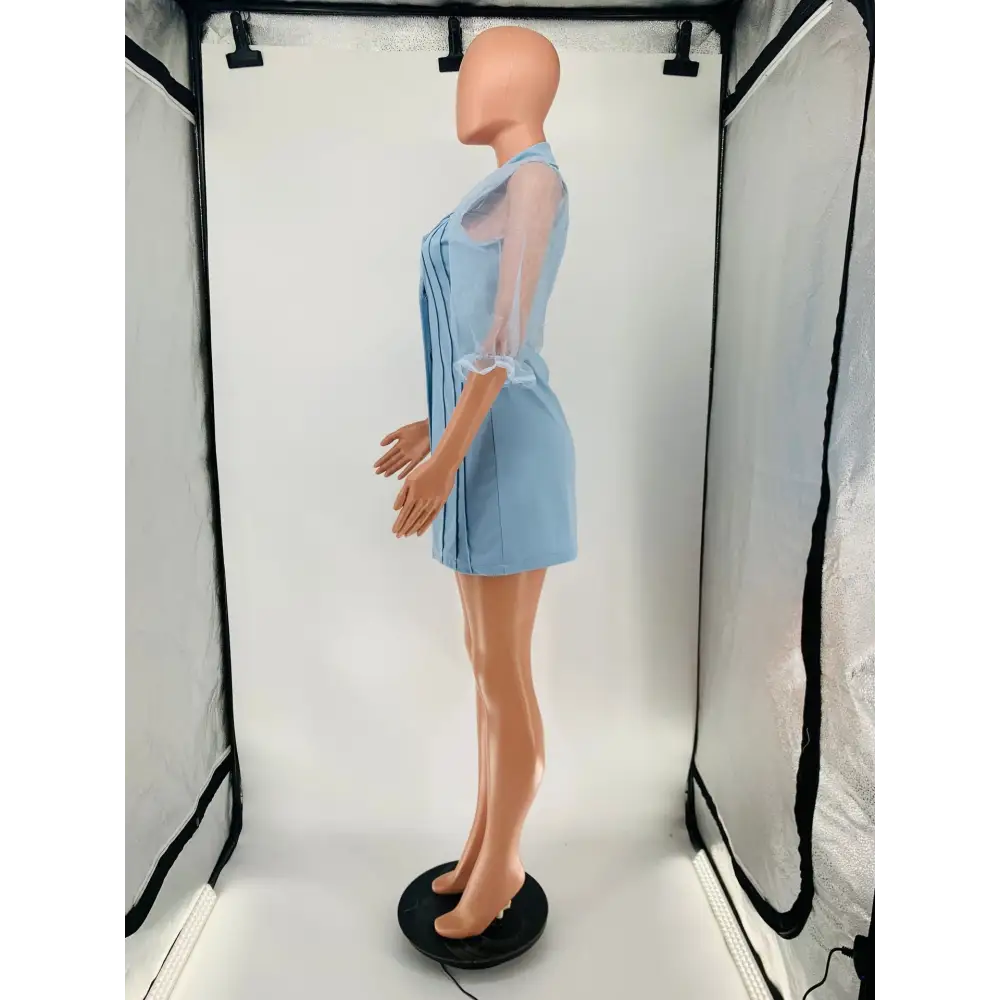 Light blue dress with sheer sleeves.