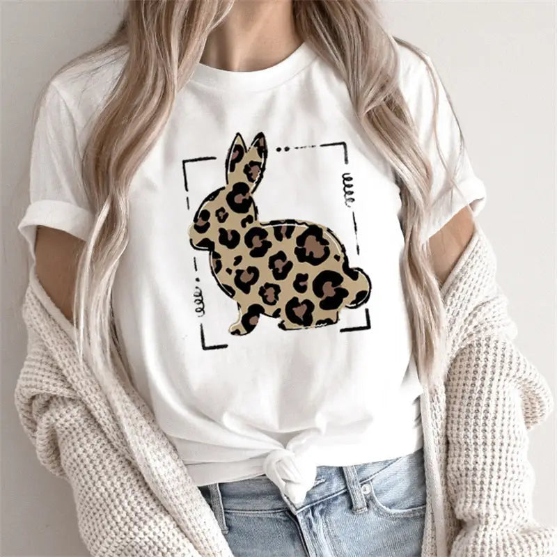 White t-shirt with leopard print bunny design.