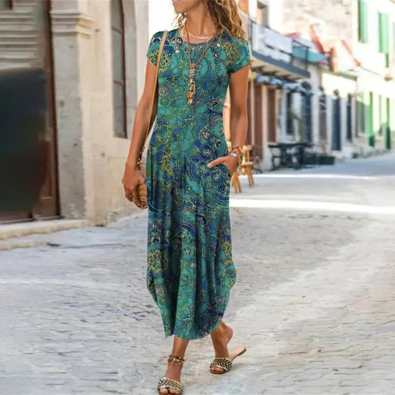 ChicPrint Round Neck Pocket Dress - Green / 2XL