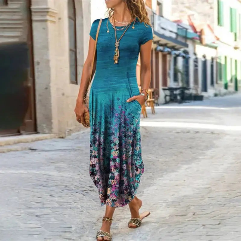 ChicPrint Round Neck Pocket Dress - Light Blue / S