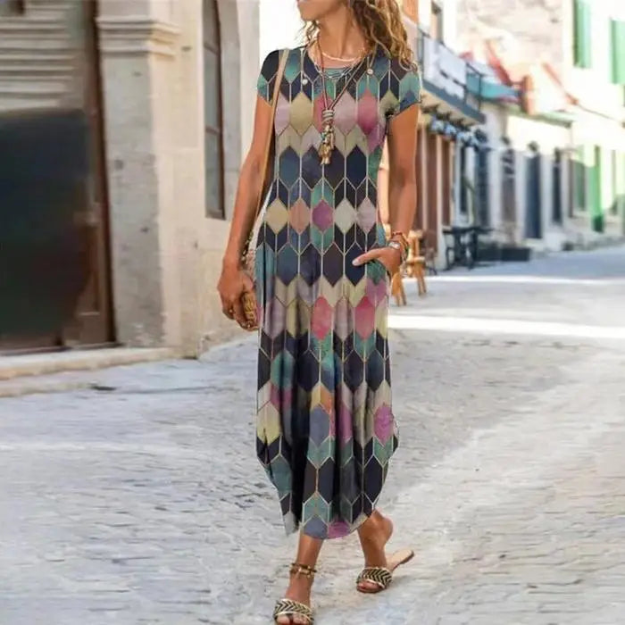 ChicPrint Round Neck Pocket Dress - Light Green / 2XL