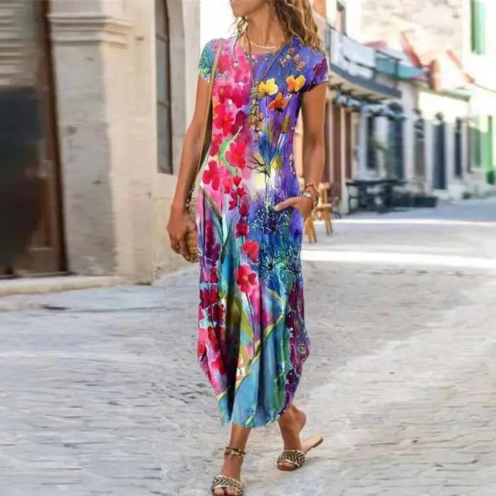 ChicPrint Round Neck Pocket Dress - Pink / 2XL