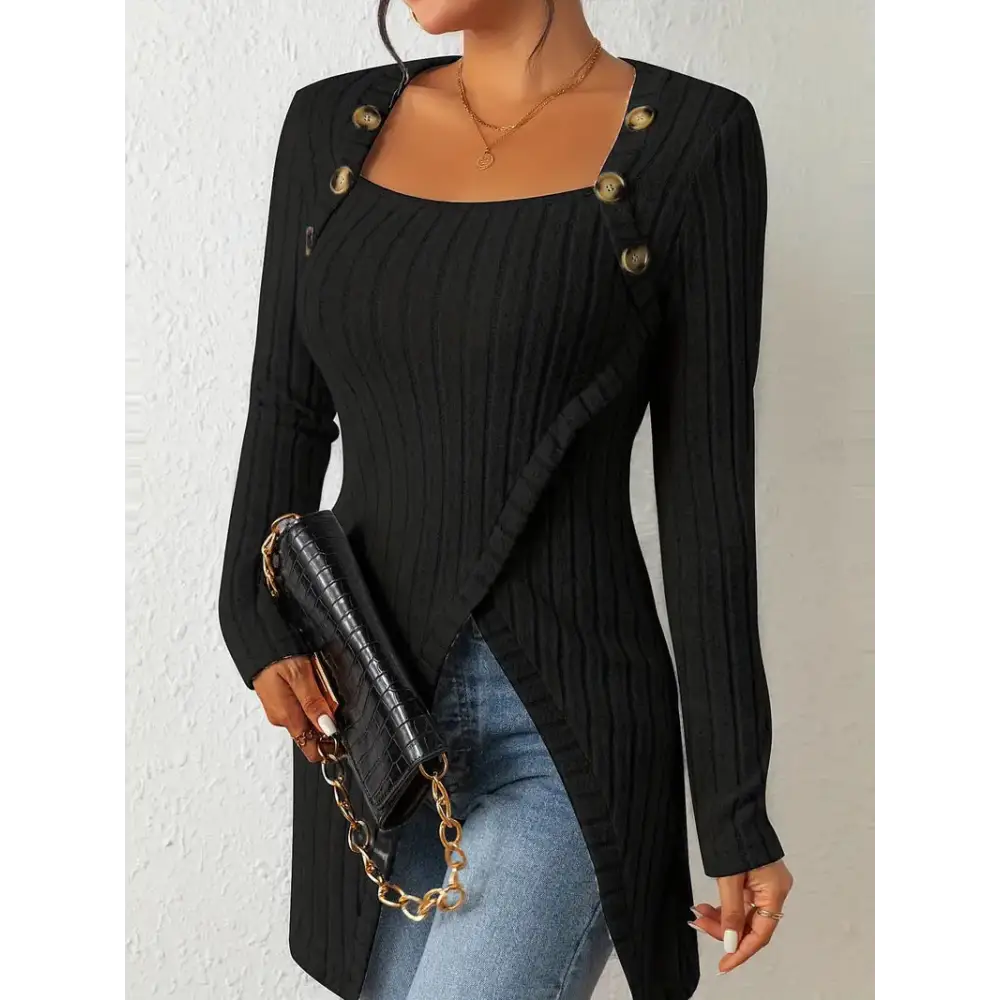 ChicSquare Knit: Women’s Buttoned Long Sleeve Top - Black / S