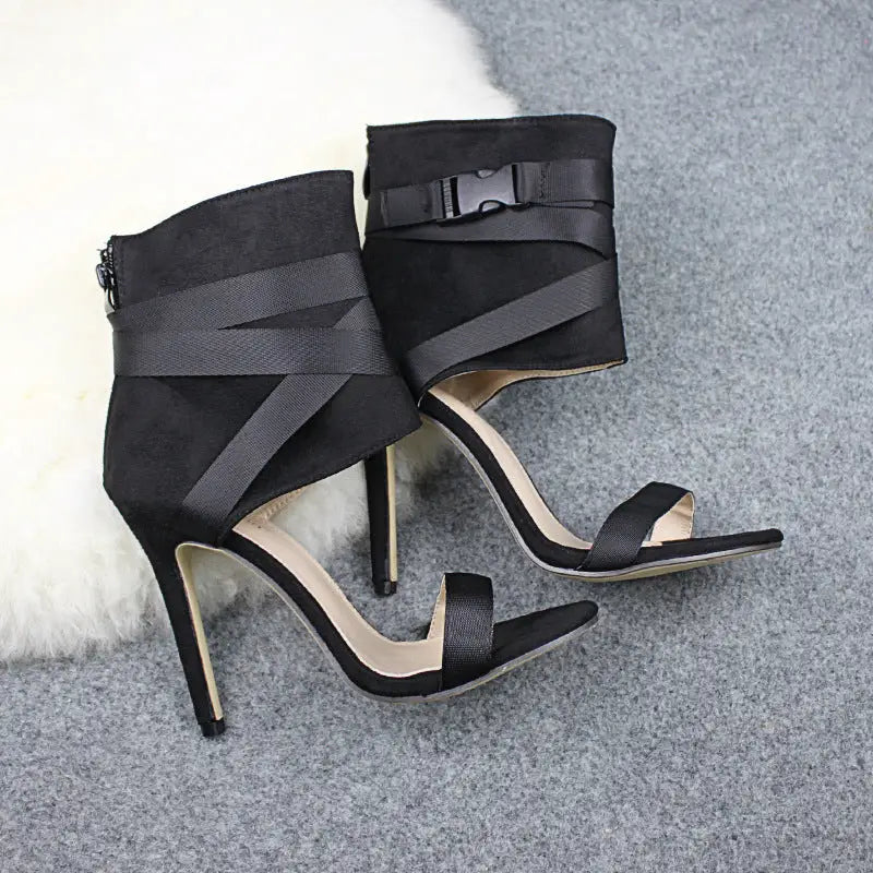 ChicStep Open Toe Woven Stiletto Heels - Black / 35