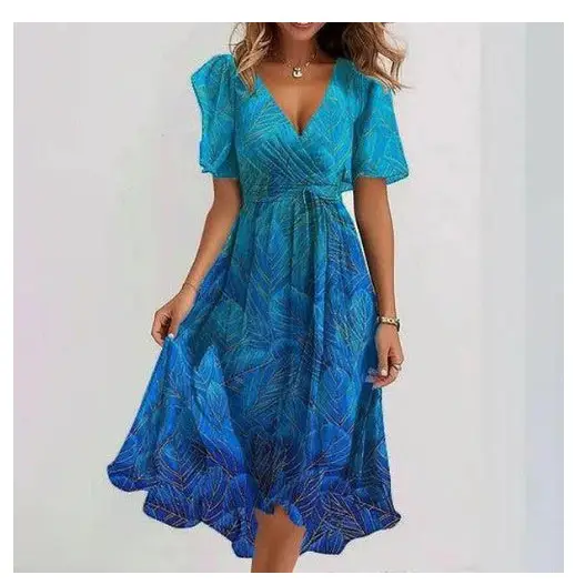 Chiffon Floral Dress - Gradient Blue / L